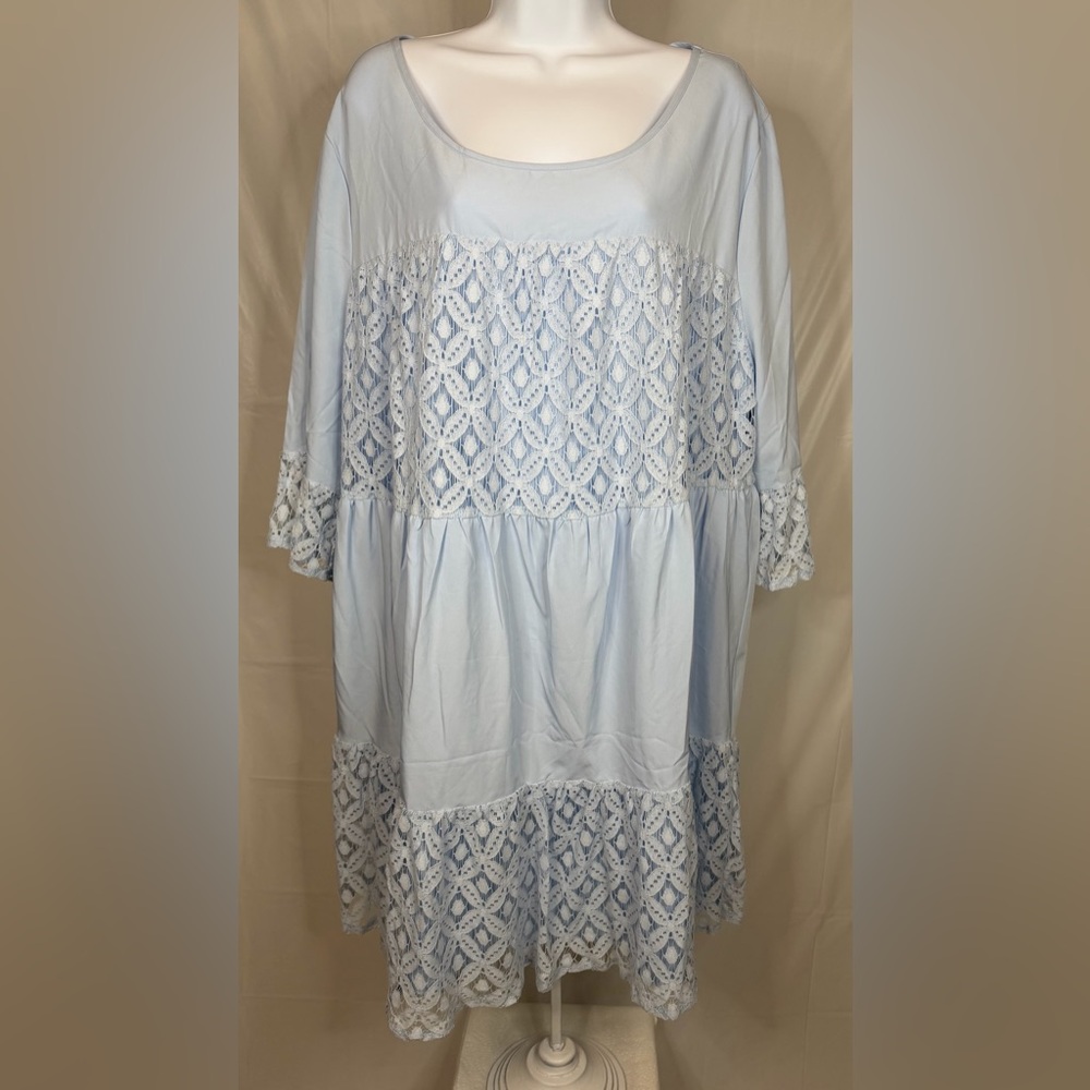 Powder Blue Lace Panel Boho Dress 3X Plus Size Flounce Sleeve
